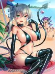  aqua_eyes beach belt_collar bikini black_bikini black_collar black_horns black_tail blue_sky boots breasts cloud cloudy_sky commentary_request day demon_girl demon_horns demon_tail demon_wings gloves horns keita_(tundereyuina) latex latex_bikini latex_boots latex_gloves long_hair looking_at_viewer multiple_girls ocean original outdoors red_wings shiny shiny_clothes shiny_hair silver_hair skin_tight sky swimsuit tail thigh_boots thighhighs tsurime twintails unaligned_breasts very_long_hair wings 