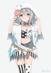 absurdres adjusting_hood aoba_moka asymmetrical_clothes bang_dream! belt blue_neckwear bow bowtie chain collarbone commentary_request ghost_costume gold_chain gold_trim grey_background grey_hair highres honorikiti hood hood_up large_belt looking_at_viewer loose_belt mismatched_legwear navel polka_dot polka_dot_legwear simple_background skirt smile solo stomach striped striped_legwear thighhighs tongue torn_clothes twitter_username vertical-striped_legwear vertical_stripes white_belt 