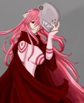  bodysuit breasts cape commentary cosplay crossover deadman_wonderland elfen_lied english_commentary epicracharaptor grin helmet horns long_hair looking_at_viewer lucy open_mouth pink_hair red_cape red_eyes shiro_(deadman_wonderland) shiro_(deadman_wonderland)_(cosplay) smile solo very_long_hair 