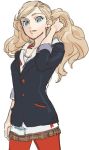  blonde_hair blue_eyes breasts commentary_request earrings hanakuso jewelry long_hair looking_at_viewer pantyhose persona persona_5 red_legwear shuujin_academy_uniform smile solo stud_earrings takamaki_anne twintails 