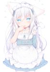  animal_ears apron asymmetrical_sleeves bangs blue_dress blush cat_ears cat_girl cat_tail closed_mouth colored_eyelashes commentary_request cross-laced_clothes detached_sleeves dress eyebrows_visible_through_hair fingernails frilled_apron frills green_ribbon hair_between_eyes hand_to_own_mouth hand_up highres long_hair long_sleeves maid maid_headdress mofuaki original pantyhose puffy_short_sleeves puffy_sleeves ribbon short_sleeves silver_hair simple_background sleeveless sleeveless_dress smile solo tail tail_raised unaligned_ears very_long_hair waist_apron white_apron white_background white_legwear 