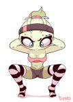  2018 animated blue_eyes blush celebi clothed clothing crouching dialogue digital_media_(artwork) diives english_text female freckles green_body hands_behind_head humanoid legendary_pok&eacute;mon legwear mienshao nintendo pok&eacute;mon pok&eacute;mon_(species) pok&eacute;morph simple_background solo solo_focus striped_legwear stripes sweat text video_games white_background 