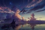  cloud commentary english_commentary facing_away from_behind god horizon original reflection short_hair sitting sky solo star_(sky) starry_sky twilight water watermark web_address wenqing_yan 