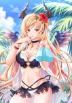  :p ass_visible_through_thighs bikini black_bikini_top black_choker black_skirt blonde_hair blue_sky breasts choker cleavage closed_mouth cloud collarbone commentary_request curled_horns dark_angel_olivia day dripping feathered_wings fingernails flower food food_on_finger granblue_fantasy groin hair_flower hair_ornament hand_to_own_mouth holding holding_food horns long_hair medium_breasts melting nail_polish navel orange_flower outdoors palm_tree pink_nails pleated_skirt popsicle purple_wings red_eyes red_flower see-through showgirl_skirt signature skirt sky smile solo swimsuit tongue tongue_out tree very_long_hair villyane white_bikini_bottom wings 