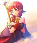  book cape closed_mouth commentary fire_emblem fire_emblem:_seima_no_kouseki holding holding_book holding_staff hzk_(ice17moon) jewelry looking_to_the_side lute_(fire_emblem) necklace purple_eyes purple_hair sleeveless solo staff 