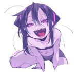  1girl bike_shorts female leaning_forward looking_at_viewer open_mouth original pink_eyes purple_hair purple_skin sharp_teeth simple_background sketch solo teeth tongue uvula white_background yeeeebis 