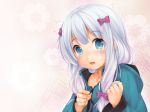  blue_eyes blush bow close eromanga-sensei hoodie izumi_sagiri kopianget long_hair white_hair 
