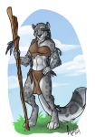  2014 amocin anthro breasts claws clothed clothing cloud digital_media_(artwork) feline female fur grass hair jewelry leopard loincloth looking_at_viewer mammal outside paws simple_background snow_leopard solo staff toe_claws tribal white_fur 