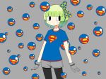  abe_tomomi bangs black_eyes black_legwear blue_shirt blunt_bangs bob_cut bow breasts bubble cowboy_shot gloves green_hair grey_background hair_bow hairband original pantyhose plaid plaid_bow shirt short_hair short_sleeves shorts small_breasts solo superman_(series) t-shirt 