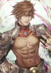  23/7 abs armor brown_eyes brown_hair hand_on_hip hand_up looking_at_viewer male_focus muscle navel pink_blood solo standing suiact upper_body 