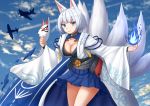  aircraft airplane animal_ears azur_lane bangs blue_eyes blue_fire blue_skirt blue_sky breasts cleavage cloud cloudy_sky commentary day english_commentary eyebrows_visible_through_hair fire fox_ears fox_girl fox_mask fox_tail highres holding holding_mask japanese_clothes kaga_(azur_lane) kazenokaze kimono kitsune long_sleeves mask mask_removed medium_breasts multiple_tails outdoors pleated_skirt short_hair silver_hair skirt sky solo standing tail v-shaped_eyebrows white_kimono wide_sleeves 