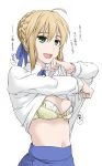  artoria_pendragon_(all) blonde_hair bow breasts commentary cowboy_shot elf_(stroll_in_the_woods) eyebrows_visible_through_hair fate/stay_night fate_(series) graphite_(medium) green_eyes hair_between_eyes highres looking_at_viewer navel saber self_exposure shirt_lift small_breasts smile solo traditional_media translated yellow_bow 