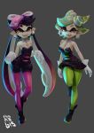  2girls aori_(splatoon) bare_shoulders black_hair breasts cleavage domino_mask dress earrings fangs gloves green_hair green_legwear grey_background hair_ornament hime_(splatoon) jewelry long_hair mask medium_breasts multiple_girls nintendo open_mouth pantyhose pink_legwear short_hair simple_background smile splatoon standing tentacle_hair thanabis tied_hair twintails 