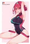  arm_behind_back armpits blush breasts covered_navel hand_on_own_face homura_(xenoblade_2) large_breasts looking_at_viewer nanoless one-piece_swimsuit open_mouth red_eyes red_hair short_hair sitting smile solo swimsuit tiara wariza water_drop xenoblade_(series) xenoblade_2 yandere_trance 