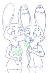  2018 anthro bouquet buckteeth cheek_to_cheek clothed clothing disney duo ear_markings eating facial_markings female fur_markings holding_object jack_savage judy_hopps lagomorph male mammal markings rabbit simple_background standing teeth tggeko white_background zootopia 