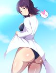  1girl artist_request ass blush breasts come_hither creatures_(company) from_behind game_freak heart huge_breasts labcoat looking_at_viewer looking_back nintendo pokemon pokemon_(anime) purple_eyes purple_hair shiny shiny_hair shiny_skin short_hair sideboob smile solo swimsuit uchikido_(pokemon) 