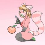  anthro blep breasts clothed clothing cute female food fruit looking_at_viewer mammal panties paws peach_(fruit) red_panda solo tongue tongue_out topless underwear unknown_artist 