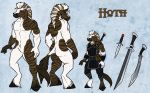  2016 amocin anthro armor brown_fur clothed clothing digital_media_(artwork) equine fur hair hooves horn horse hoth_(skylords) hybrid male mammal melee_weapon model_sheet muscular nude simple_background skylords smile solo standing stripes sword weapon white_fur zebra 