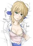  artoria_pendragon_(all) blue_ribbon blue_skirt blush bow bra braid breasts cleavage collarbone commentary elf_(stroll_in_the_woods) eyebrows_visible_through_hair fate/stay_night fate_(series) french_braid graphite_(medium) hair_between_eyes hair_ribbon highres lying medium_breasts open_mouth ribbon saber self_exposure skirt solo traditional_media translated underwear white_background yellow_bra 