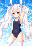  albino animal_ears arm_up armpits azur_lane bangs bare_arms bare_shoulders blue_swimsuit blush breasts bunny_ears collarbone commentary_request covered_navel eyebrows_visible_through_hair hair_between_eyes hair_ornament hairband head_tilt laffey_(azur_lane) long_hair misaki_(misaki86) one-piece_swimsuit parted_lips red_eyes red_hairband school_swimsuit silver_hair small_breasts solo standing swimsuit thighhighs twintails very_long_hair water water_drop white_legwear 