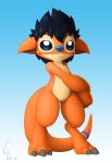  2015 3_toes alien black_hair blue_eyes blue_nose chest_tuft claws digital_media_(artwork) disney experiment_(species) fan_character fur gradient_background hair lilo_and_stitch looking_at_viewer orange_fur rib_(ribera) ribera simple_background smile solo standing thick_thighs toe_claws toes tuft 