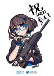  absurdres assault_rifle black_hair brown_eyes bullpup choker commentary daru earpiece fingerless_gloves girls_frontline glasses gloves glowstick gun hair_ornament highres instagram rifle sar-21 sar-21_(girls_frontline) short_hair singapore smile solo translation_request twitter_username v watch weapon wristwatch 