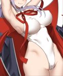  arms_behind_head bb_(fate)_(all) bb_(swimsuit_mooncancer)_(fate) black_coat breasts covered_navel cowboy_shot fate/grand_order fate_(series) head_out_of_frame highleg highleg_leotard highres large_breasts leotard long_hair popped_collar red_ribbon ribbon saruchitan simple_background solo white_background white_leotard work_in_progress 
