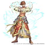  23/7 abs armor brown_eyes brown_hair commentary_request electricity fist_in_hand gem hands_together looking_at_viewer male_focus muscle navel official_art sandals smile solo standing suiact white_background 