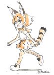  :d blue_eyes bow bowtie caracal_(kemono_friends) caracal_ears caraval_(kemono_friends)_(panzuban) commentary elbow_gloves extra_ears eyebrows_visible_through_hair full_body fusion gloves hair_between_eyes highres kemono_friends open_mouth orange_hair panzuban print_gloves print_legwear print_neckwear print_skirt serval_(kemono_friends) serval_print serval_tail shirt short_hair simple_background skirt sleeveless sleeveless_shirt smile solo tail thighhighs twitter_username walking white_background white_shirt 