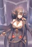  bare_shoulders black_dress black_hair breasts bridal_gauntlets chair cleavage closed_mouth commentary detached_sleeves dress english_commentary facing_viewer fate/apocrypha fate/grand_order fate_(series) finger_to_cheek fur_trim hair_between_eyes highres indoors large_breasts long_dress long_hair looking_at_viewer pointy_ears queen semiramis_(fate) sitting smile spikes throne very_long_hair yatisi yellow_eyes 