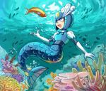  android aqua blue_eyes blush bubble commentary_request coral day elbow_gloves fish full_body gloves helmet mermaid monster_girl nature open_mouth rockman rockman_(classic) rockman_9 solo splash_woman teeth tentokki tongue underwater underwear 