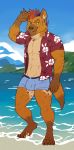  2018 abs anthro beach blue_eyes bulge clothed clothing cloud day detailed_background digital_media_(artwork) fur hyena looking_at_viewer male mammal muscular muscular_male nipples outside pecs rsotot seaside sky smile solo swimsuit underwear 
