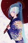  aqua_hair blue_kimono brynhildr_(fate) closed_mouth commentary fate/prototype fate/prototype:_fragments_of_blue_and_silver fate_(series) fingernails holding holding_umbrella japanese_clothes kimono long_hair long_sleeves looking_at_viewer oriental_umbrella patterned_clothing ponytail purple_eyes shiny shiny_hair smile snow snowflakes snowing solo suguru_(a129214673) symbol_commentary umbrella very_long_hair 