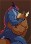 2018 abs anthro biceps bovine cattle cervine claws digital_media_(artwork) dragon duo eyes_closed french_kissing fur hi_res horn kissing male male/male mammal mills muscular muscular_male nipples nude open_mouth pecs rsotot simple_background tongue 