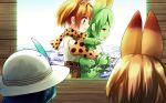  backlighting blonde_hair blue_hair cerval commentary_request elbow_gloves extra_ears gloves green_hair green_skin half-closed_eyes hat hat_feather hug hug_from_behind kaban_(kemono_friends) kemono_friends multiple_girls print_gloves print_neckwear profile red_eyes serval_(kemono_friends) serval_ears serval_print shirt short_hair signature source_quote tears translation_request welt_(kinsei_koutenkyoku) white_hat white_shirt wooden_wall yellow_eyes 