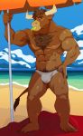  2018 abs anthro beach bovine cattle cervine clothed clothing digital_media_(artwork) fur horn looking_at_viewer male mammal muscular nipples outside pecs rsotot seaside sky solo swimsuit 