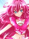  bangs blue_eyes blush bow choker close-up crop_top cure_melody eyebrows_visible_through_hair hair_between_eyes hair_down houjou_hibiki kagami_chihiro lens_flare lips long_hair magical_girl midriff navel pink_bow pink_choker pink_hair precure sleeveless smile solo suite_precure thick_eyebrows upper_body very_long_hair 