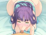  1girl :&gt;= all_fours ass bare_arms bare_legs bare_shoulders bed blush breasts censored fellatio green_eyes hanging_breasts highres huge_breasts legs lingerie long_hair looking_at_viewer mosaic_censoring on_bed oral original panties penis pov purple_hair shiny shiny_skin solo_focus sweat thick_thighs thighs tomo_mama_wo_yobisute_ni_shinagara_hametai:_eromenhera_hen underwear yoko_juusuke 