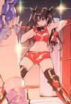  boots clenched_teeth fate/hollow_ataraxia fate/stay_night fate_(series) fingerless_gloves gloves hair_ribbon luviagelita_edelfelt multiple_girls ribbon saitou_masatsugu short_shorts shorts solo_focus teeth thighhighs toosaka_rin wrestling_boots wrestling_outfit wrestling_ring 