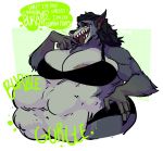  anthro belly big_belly big_breasts breasts burping canine cleavage clothed clothing fangs female hair huge_breasts long_hair mammal navel overweight post_vore solo stomach_noises sweatpants_(artist) tongue video_games vore warcraft were werewolf wolf worgen 