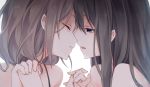  bare_shoulders blue_eyes brown_hair close-up closed_eyes face holding_hands imminent_kiss kuroi_(liar-player) long_hair looking_at_another multiple_girls open_mouth original signature tears white_background yuri 