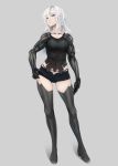  android black_gloves black_panties blue_eyes blush boots breasts collarbone commentary_request contrapposto full_body gloves grey_background hair_between_eyes hand_on_hip highleg highleg_panties highres imizu_(nitro_unknown) long_hair long_legs mechanical_arms medium_breasts nier_(series) nier_automata panties robot_joints short_shorts shorts silver_hair skindentation solo standing sweatdrop tank_top thigh_boots thighhighs underwear yorha_type_a_no._2 