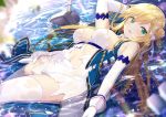  arm_up azur_lane bangs bare_shoulders blonde_hair blurry blurry_foreground blush bow breasts commentary_request day depth_of_field detached_sleeves dress eyebrows_visible_through_hair forbin_(azur_lane) gloves green_eyes hair_between_eyes hair_bow hair_bun highres large_breasts long_sleeves looking_at_viewer lying lying_on_water on_back outdoors parted_lips ribbon shallow_water side_bun sleeveless sleeveless_dress solo sunlight thighhighs torn_clothes torn_dress water wet wet_clothes wet_legwear white_bow white_dress white_gloves white_legwear white_ribbon white_sleeves yano_mitsuki 