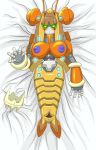  absurd_res arthropod blush breasts capcom chlqjsro female glowing glowing_eyes green_eyes hi_res insect lepidopteran lying machine mega_man_(series) megaman_zero metallic_body moth mouthless nipples noseless pussy reploid robot sol_titanion solo video_games 