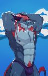  2018 abs anthro beach biceps clothed clothing dragon horn male mills muscular nipples outside pecs rsotot scalie seaside simple_background solo swimsuit 