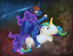  2018 armor cosmic_hair cutie_mark doll equine female feral friendship_is_magic hair helmet horn jewelry mammal my_little_pony necklace princess_celestia_(mlp) princess_luna_(mlp) riding smile solo the1xeno1 toy winged_unicorn wings 