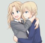  bangs black_neckwear blazer blonde_hair blouse blue_eyes blue_sweater closed_mouth collared_blouse commentary darjeeling girls_und_panzer grey_jacket hair_intakes hug jacket kay_(girls_und_panzer) long_hair long_sleeves looking_to_the_side multiple_girls mutsu_(layergreen) mutual_hug necktie open_clothes open_jacket open_mouth saunders_school_uniform school_uniform short_hair simple_background sleeves_rolled_up smile st._gloriana's_school_uniform standing sweater tied_hair upper_body white_blouse yuri 