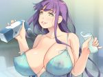  1girl areolae bare_arms bare_shoulders blurry blurry_background blush breasts cleavage cup drinking_glass erect_nipples floating_hair green_eyes highres holding huge_breasts indoors lingerie long_hair looking_at_viewer milk milk_box nipples original outstretched_arms parted_lips purple_hair see-through shiny shiny_skin smile solo tomo_mama_wo_yobisute_ni_shinagara_hametai:_eromenhera_hen underwear upper_body yoko_juusuke 