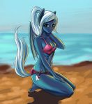  anthro bat_pony beach bikini breasts clothing cutie_mark derpifecalus equine fafecalus female hair horse kneeling long_hair looking_at_viewer mammal my_little_pony ponytail sea seaside smile solo suggestive sunlight swimsuit water wings 