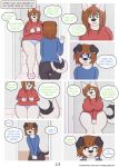  anthro black_ears black_nose blue_eyes blush brown_hair canine clothed clothing comic cum cum_on_penis dialogue dog embarrassed english_text erection erection_under_clothes eyes_closed female fur hair husky male mammal mother mother_and_son multicolored_tail open_mouth parent penis slightly_chubby smile son speech_bubble text tongue white_fur woofyrainshadow 